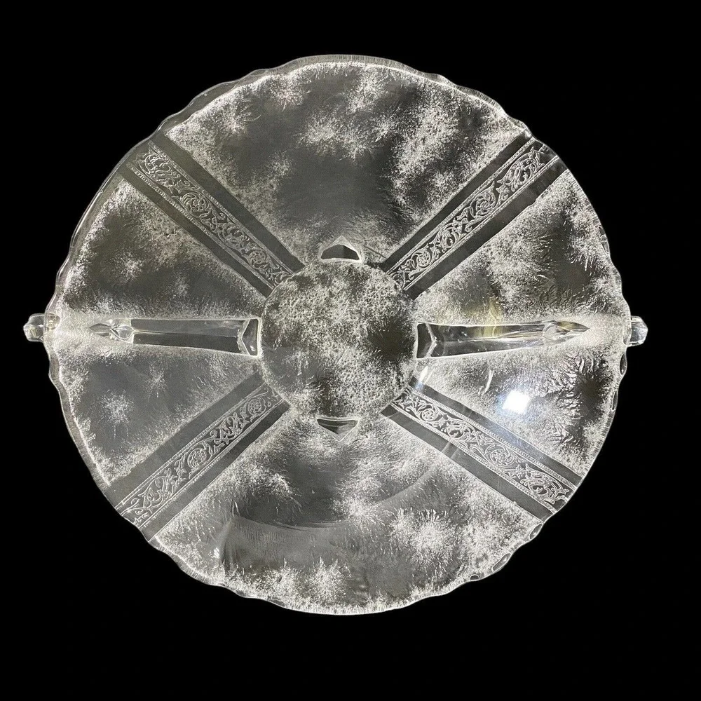Vintage Heisey Glass Antarctic Etched Clear Bowl Four Toe Two Handle Rare 8.75